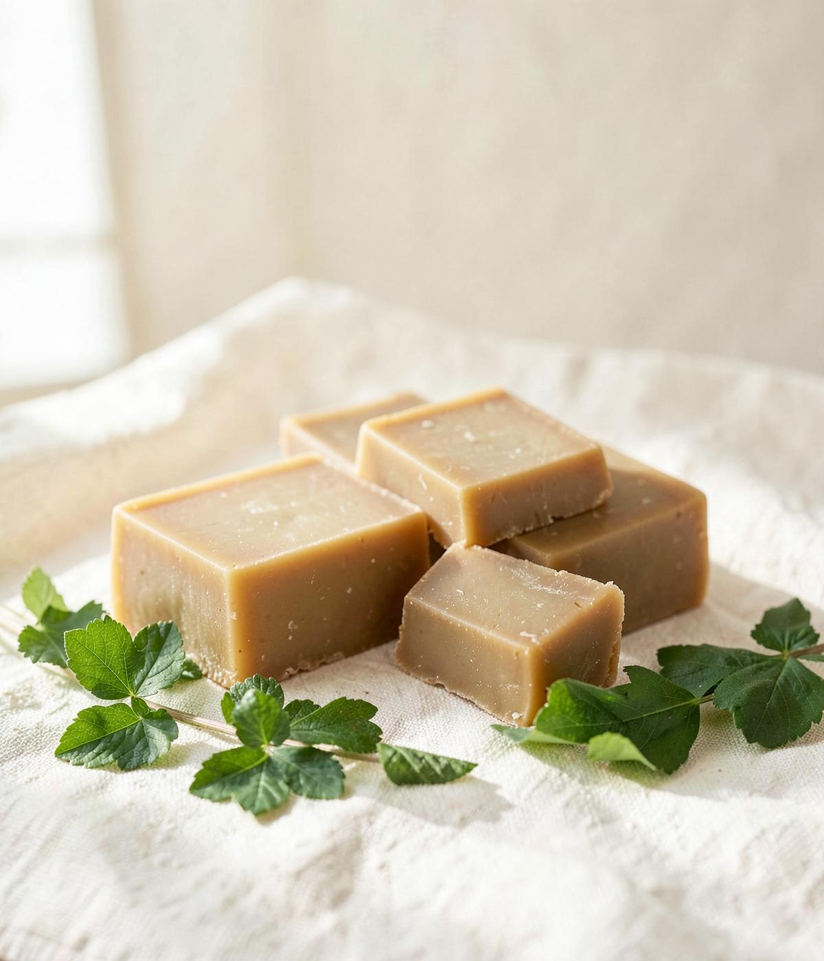 Handmade natural soap bars with fresh botanical leaves on linen