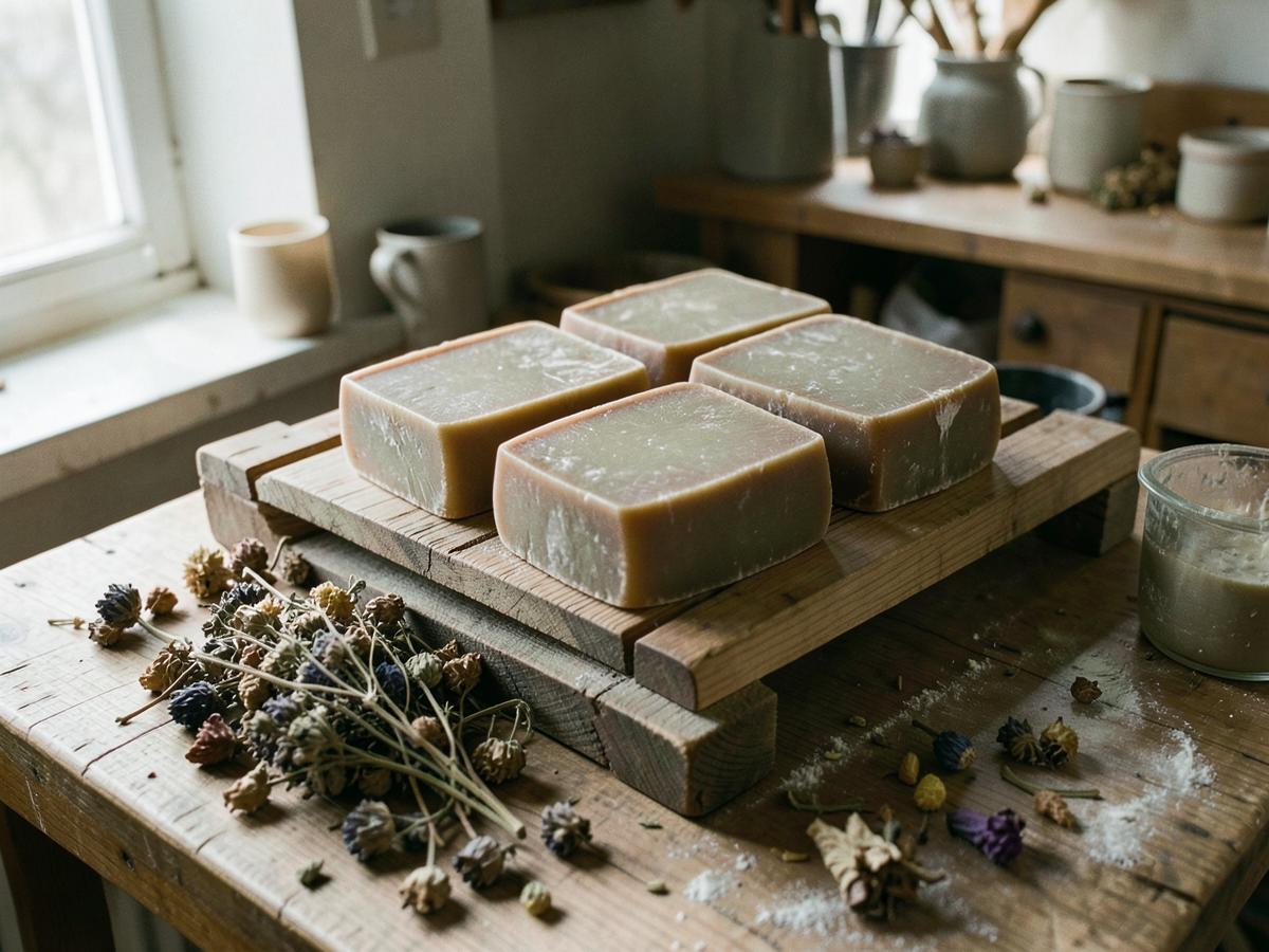Handmade soap bars curing on a wooden rack in a natural workshop